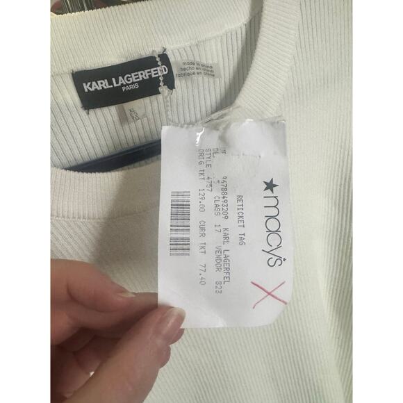 Karl Lagerfeld Paris Ivory/White Knit Top Tweed Puffed Short Sleeves, XL NWT - Picture 6 of 7